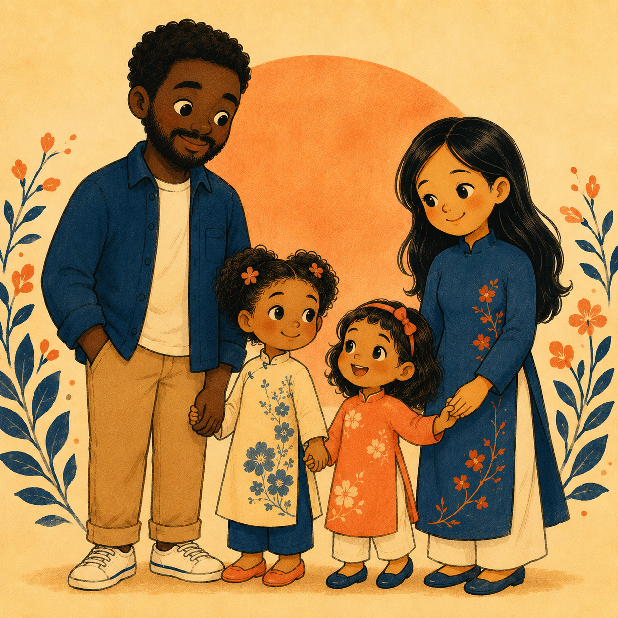 Illustrated family of four holding hands